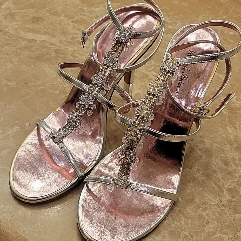 Michael Antonio Bedazzled Ankle Strap Silver Heeled Sandals, Sz 8